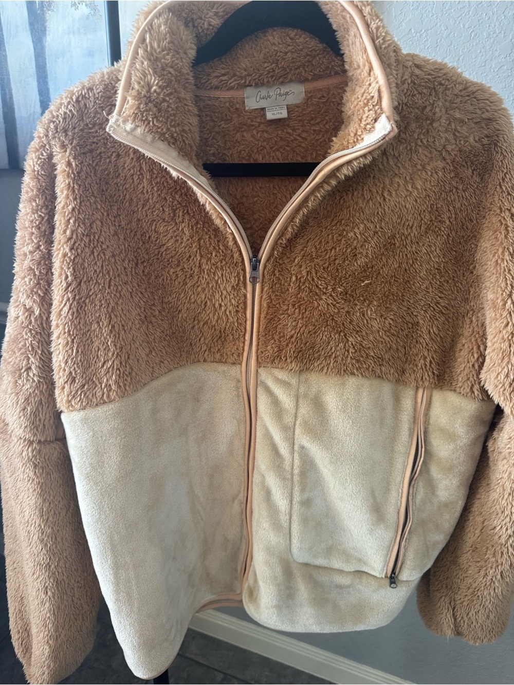 Charlie Paige Two-Tone Tan & Cream Teddy Zip Jacket